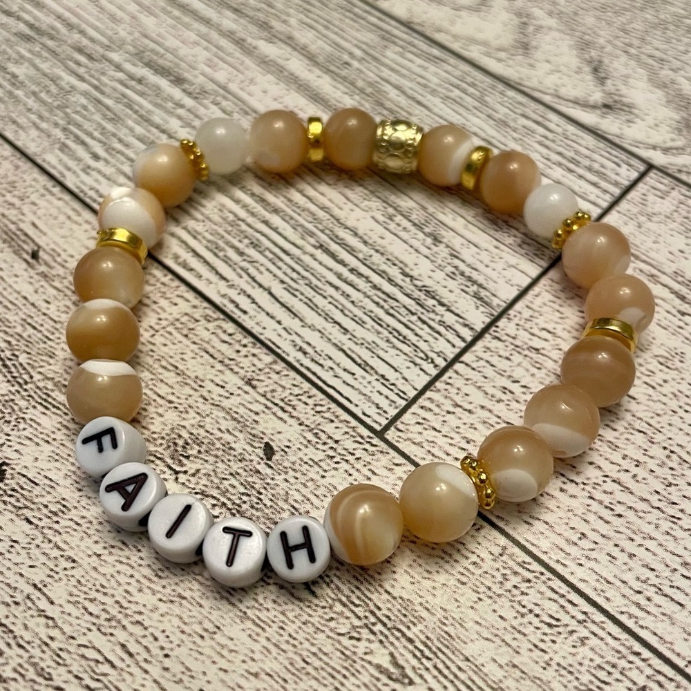Faith Letter Bracelet Polished Mother of Pearl tan & white, stretch, gold - Picture 3 of 5